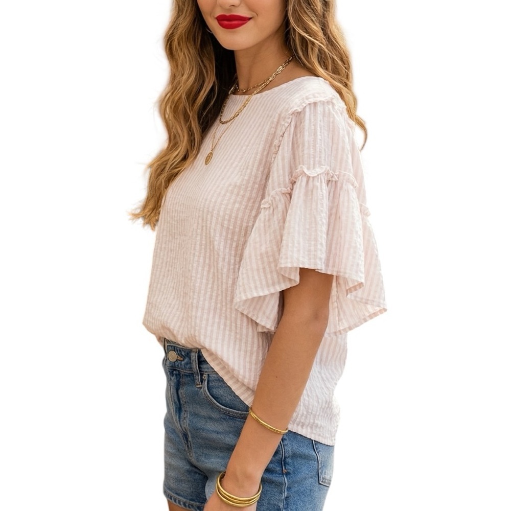 Chelsea & Theodore XS Pink White Gingham Ruffle Sleeve Feminine Blouse